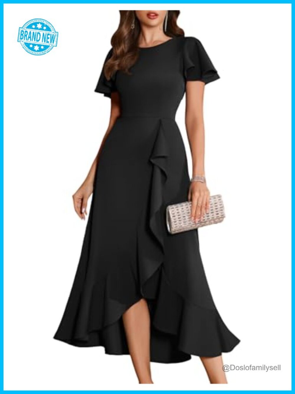 Flutter Sleeve Asymmetrical Ruffle Formal Cocktail Maxi Dress